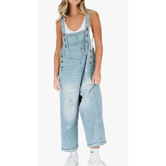 Women Distressed Strap Denim Bib Overall Baggy Cropped Ripped Jeans Jumpsuit - Picture 1 of 3